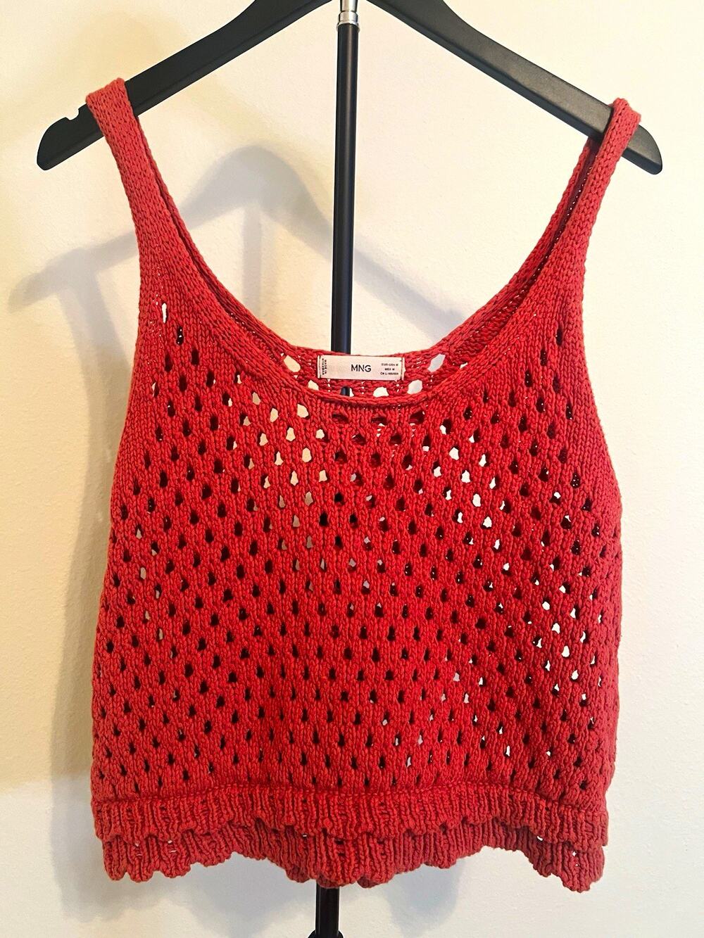 MNG Mango Women’s Rust Orange Open-Knit Crochet Sleeveless Scoop Neck Top Sz M
